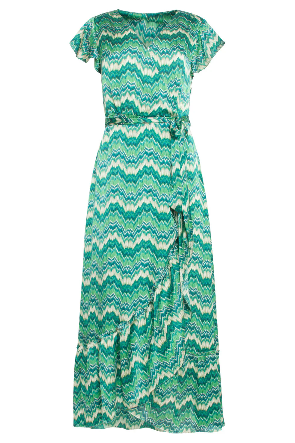 24402 Satijnen Zomerjurk Met Abstracte Print | White - Green - Image 2