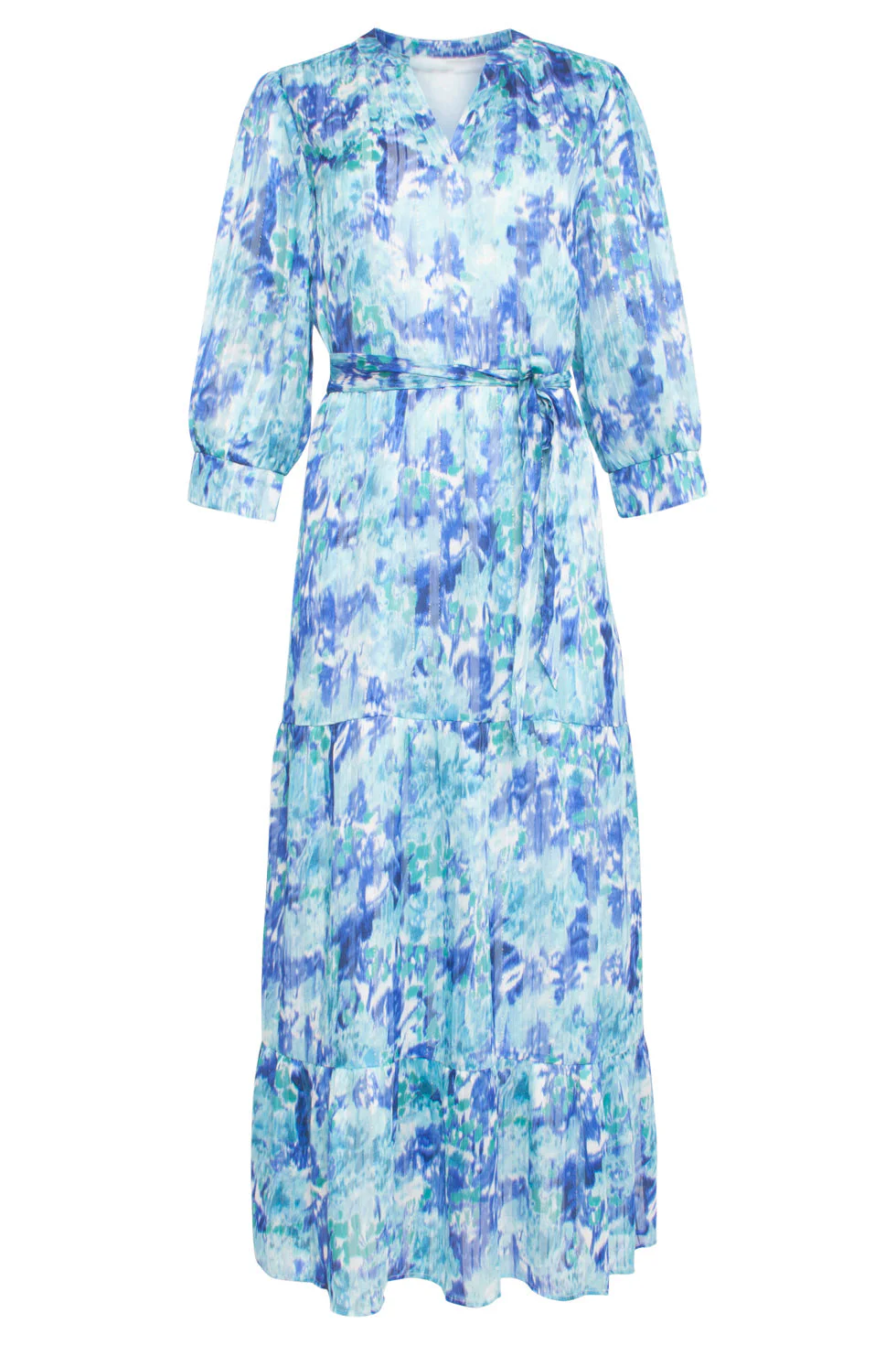 24408  Satijnen Maxi Jurk Met Abstracte Print3/4 Mouwen | White - Cobalt - Image 2