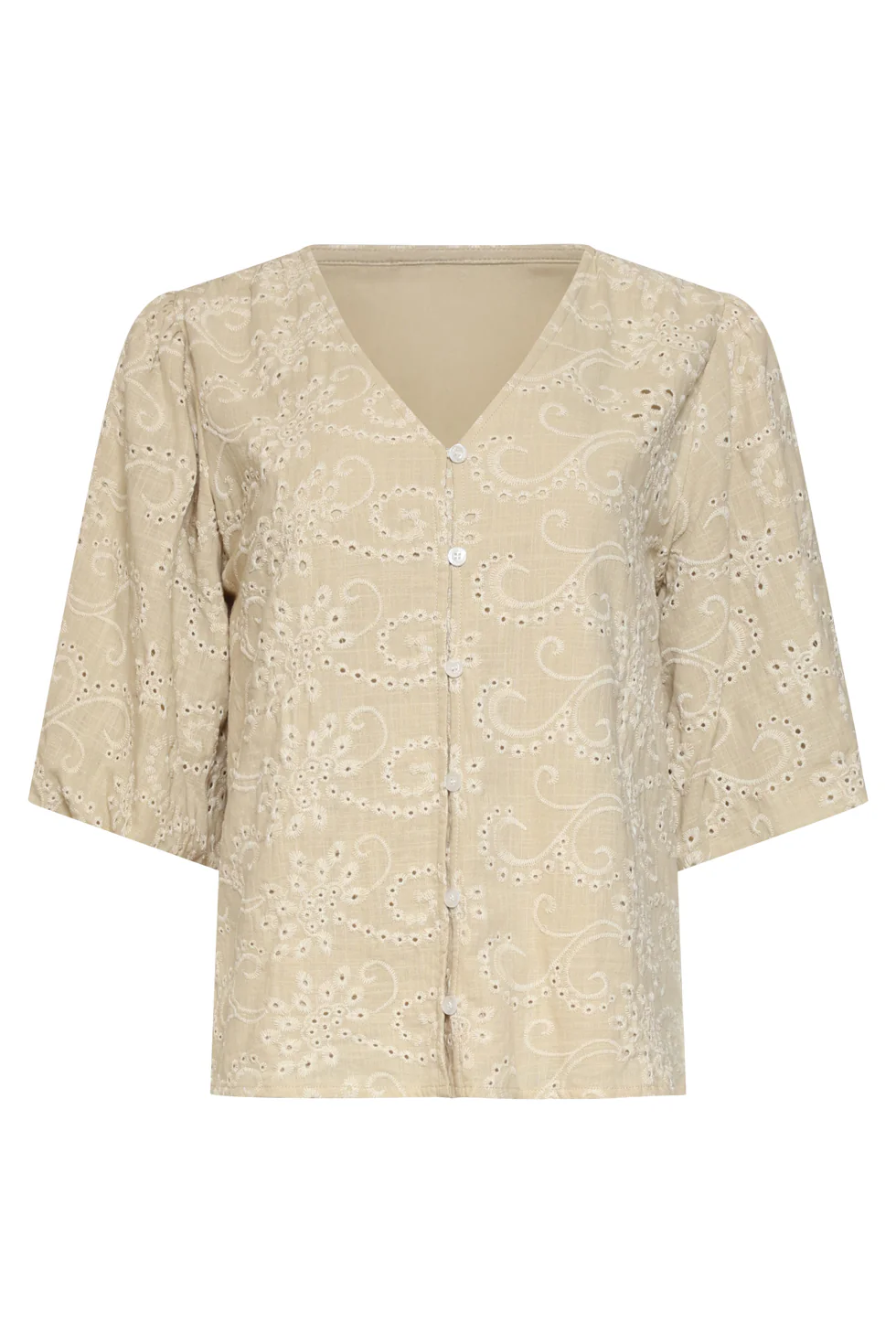 Beige Broderie Top Met Knoopsluiting | Sand - Image 3