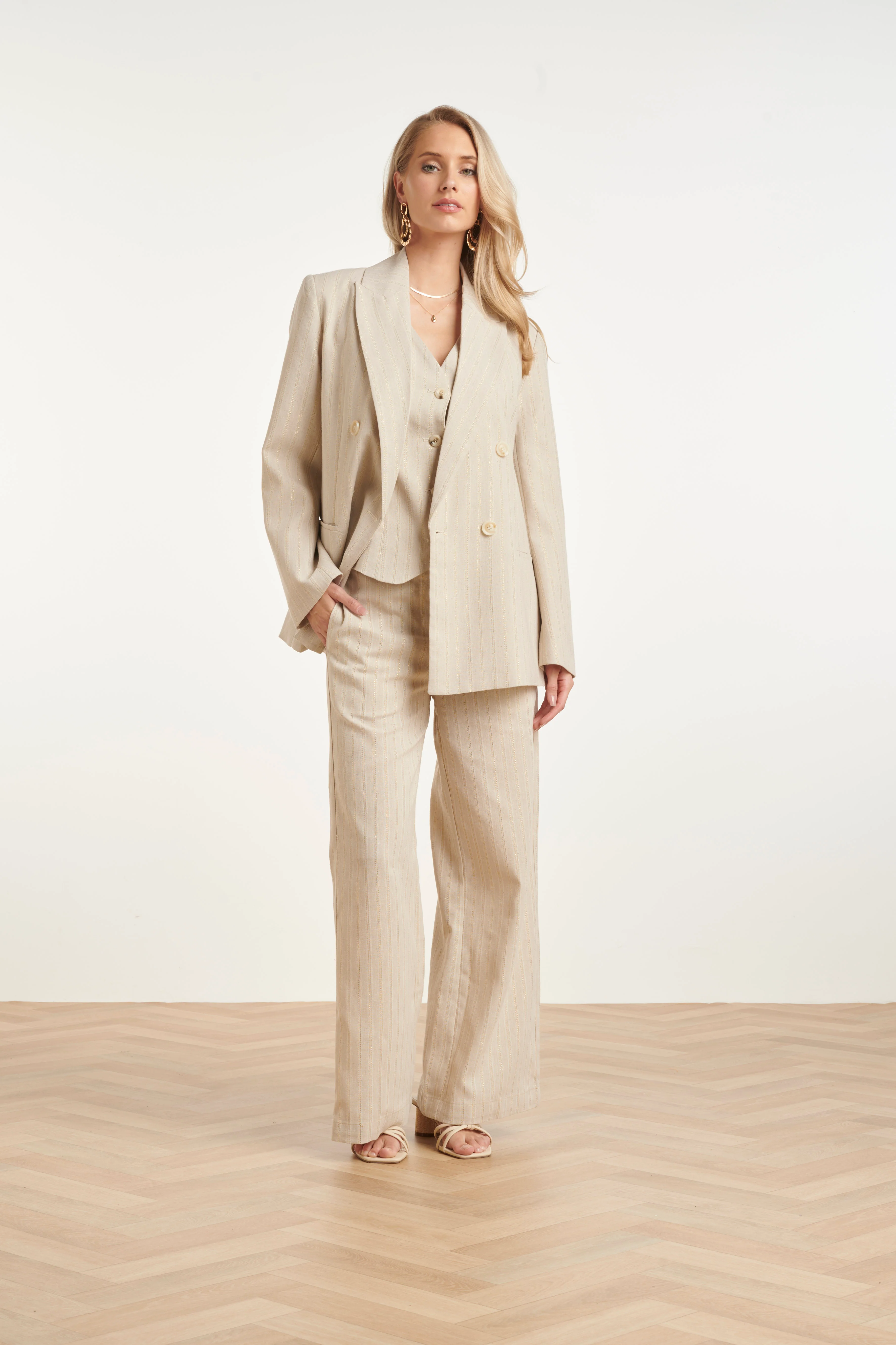Double-Breasted Blazer Met Subtiele Glitter | Sand - Gold - Image 3