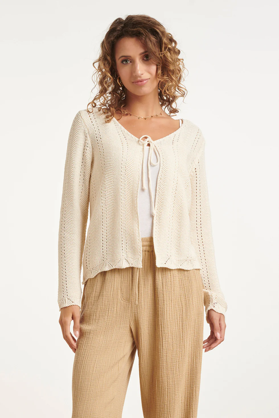 Gebreid Cardigan Met Ajourpatroon En Strikje | Off White - Image 2