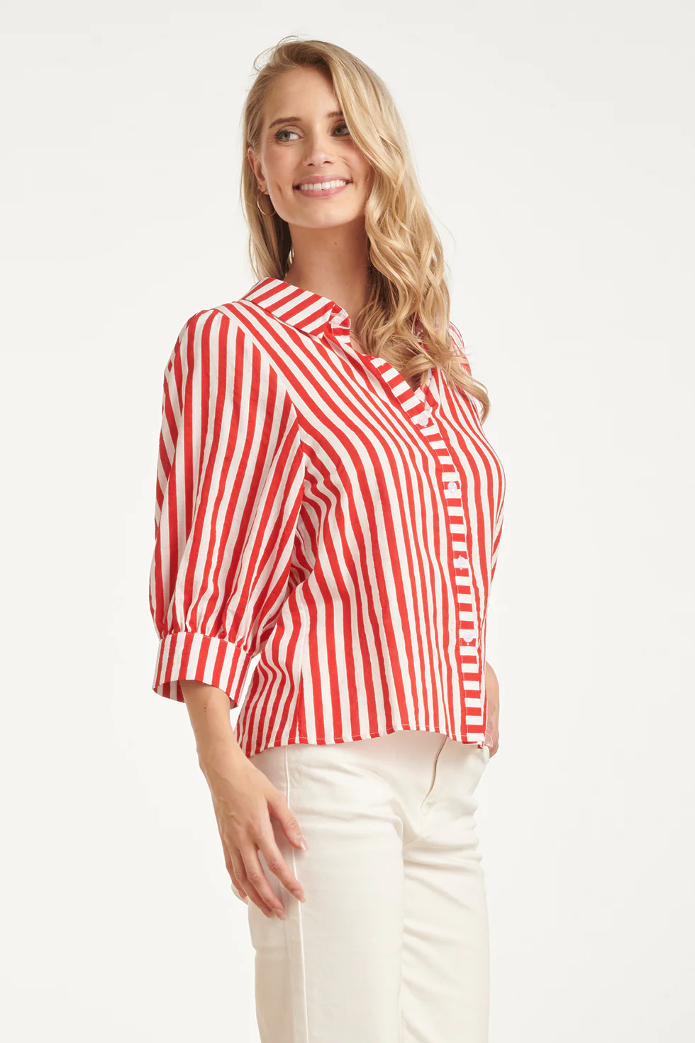 Gestreepte Dames Blouse Met Pofmouwen | Red - White - Image 4