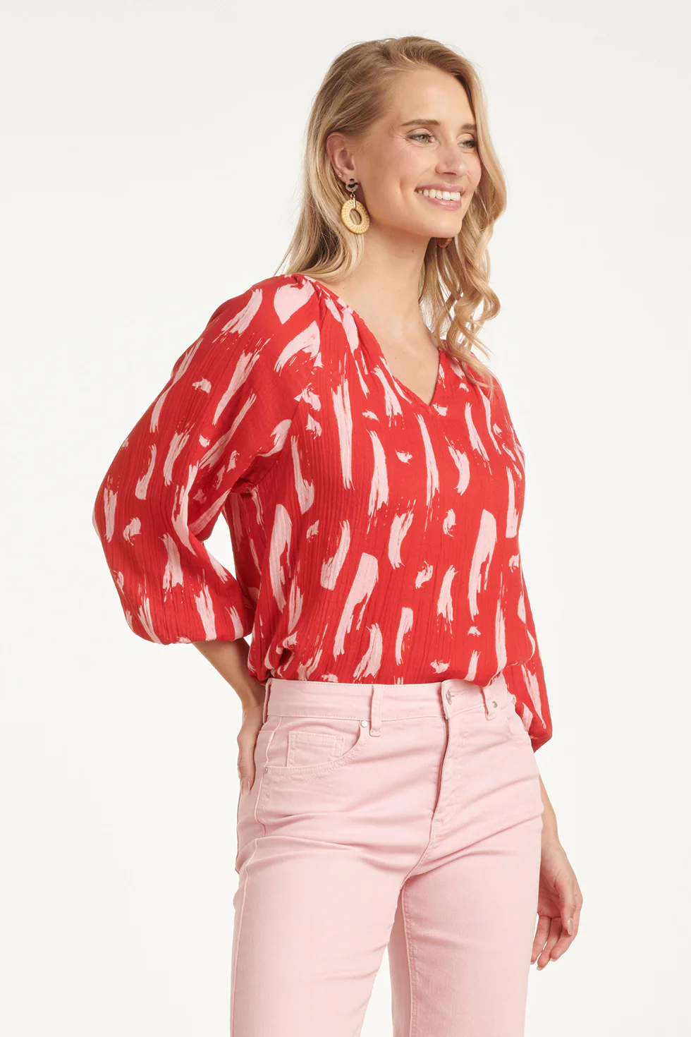 Top Met Abstracte Streep Print In Rood Met Roze | Red - Pink - Image 8