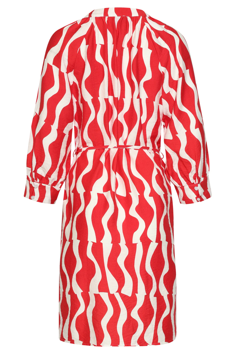 V Hals Jurk Met Rode Golvende Print En Ceintuur | Red - White - Image 7