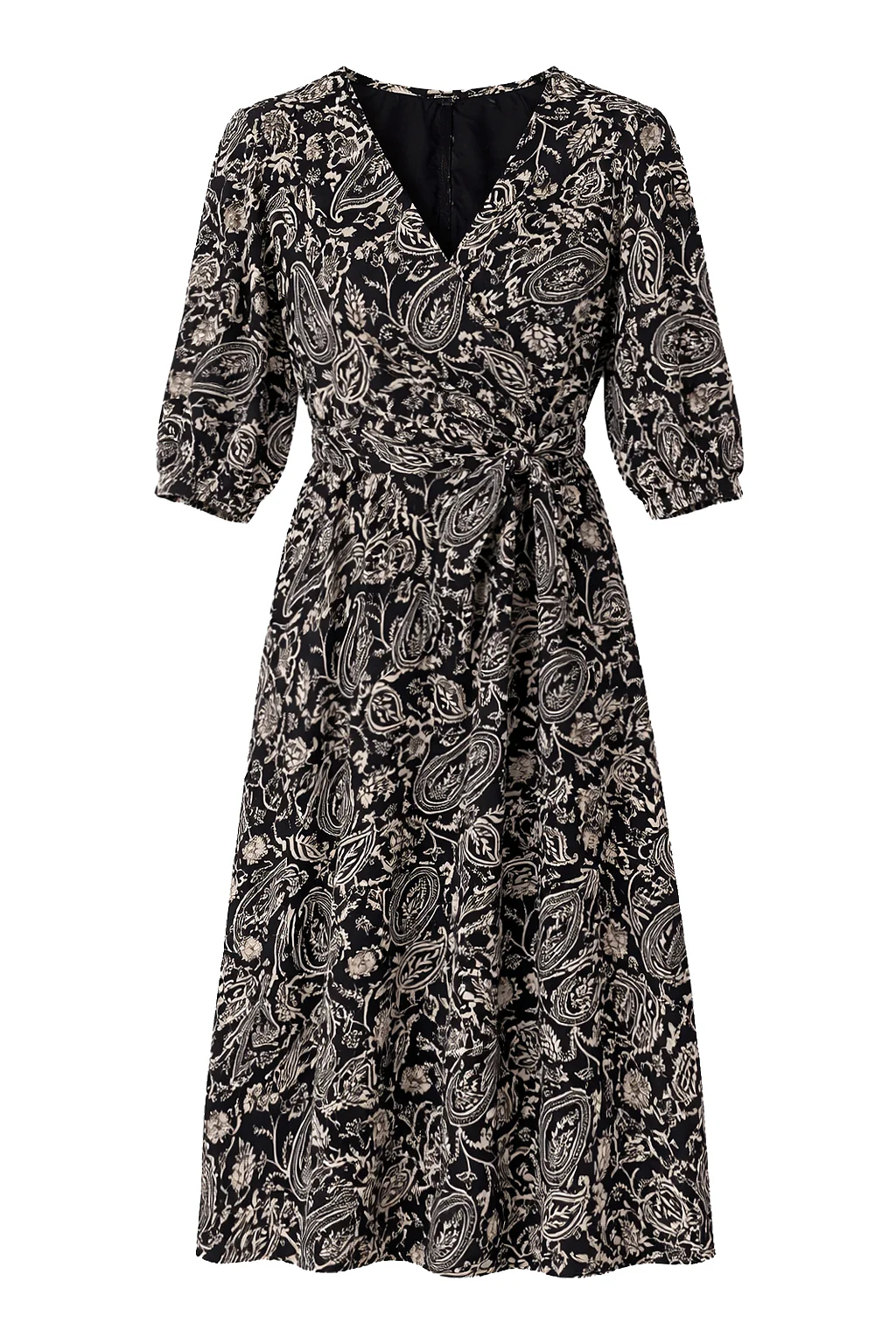 Zwarte Midi Jurk Met Beige Paisley Print | Black White - Image 2